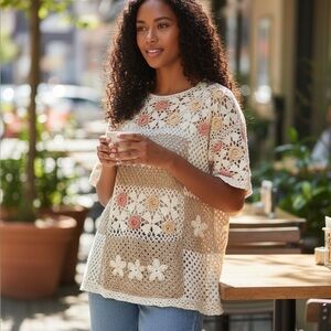 Worthington Women’s VTG Floral Boho Crocheted Top Patchwork size L